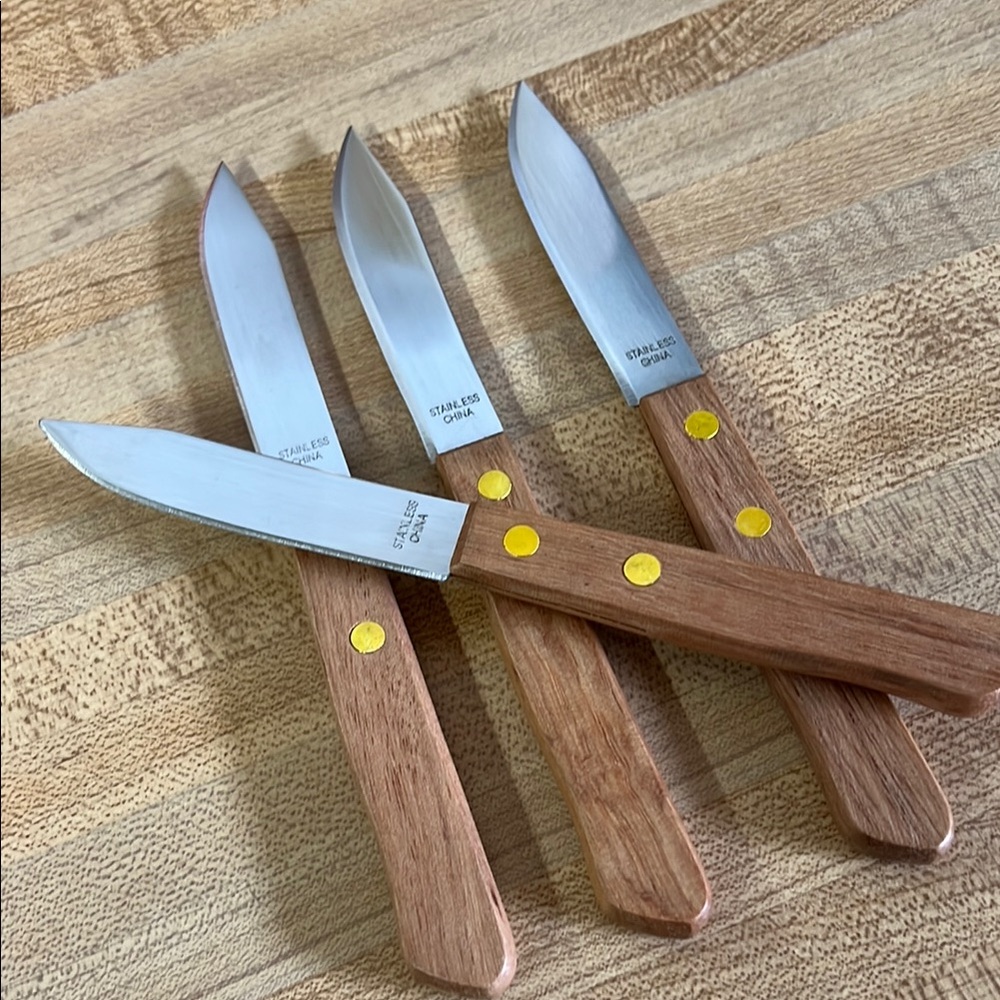 Set of Four Stainless Steel Knives with Wooden Handles - Picture 3 of 5